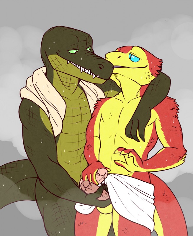 anthro blue_eyes duo erection genitals green_eyes male male/male masturbation penis shower simple_background steam teeth towel towel_around_neck towel_only water wet conditional_dnp evillabrat brev heljek crocodile crocodilian reptile scalie snake hi_res