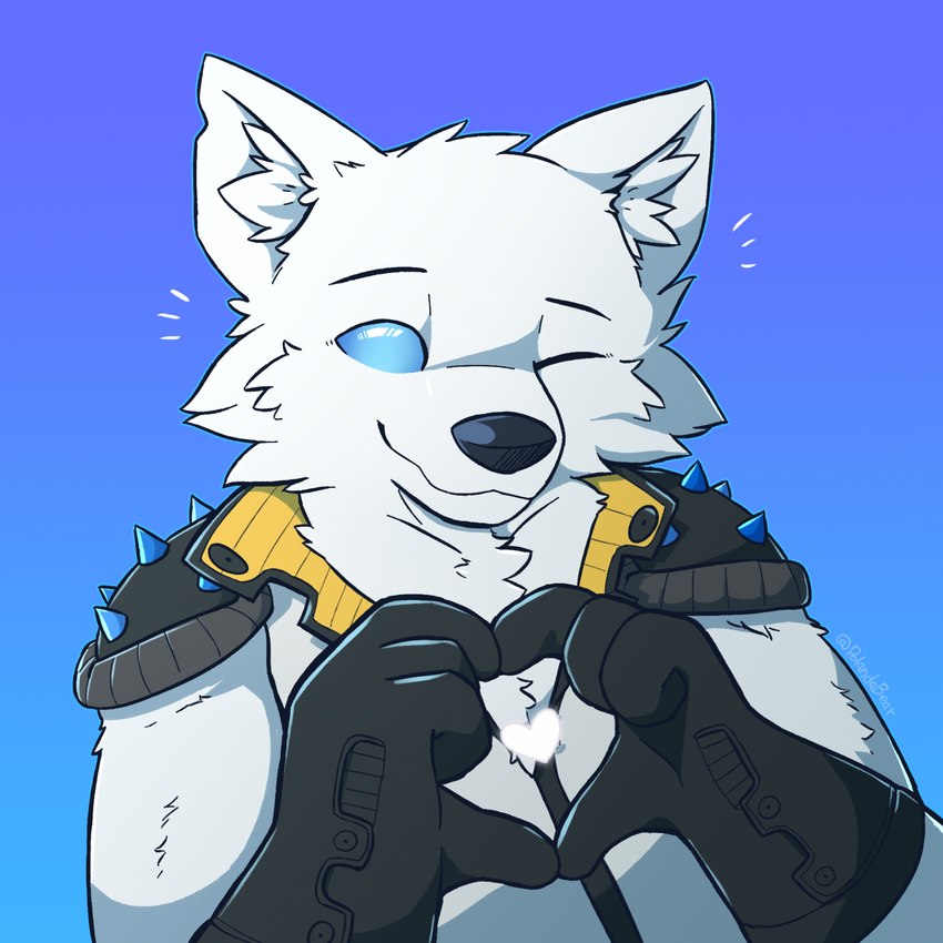 anthro blue_eyes blush clothing fur gloves handwear happy heart_symbol latex latex_clothing male one_eye_closed solo spikes standing white_body white_clothing white_fur otherpolanda epic_games fortnite volpez_(fortnite) arctic_fox canid canine fox mammal true_fox 1:1 hi_res