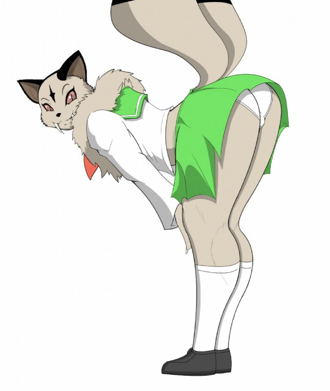 2_tails anthro ass_up bent_over big_butt biped black_clothing black_ears black_footwear black_nose black_shoes bottomwear butt chest_tuft claws clothed clothing fangs female fluffy footwear fur green_bottomwear green_clothing green_shirt green_skirt green_topwear legwear looking_at_viewer looking_back markings multi_tail necktie panties presenting presenting_hindquarters red_eyes red_necktie ribbons school_uniform shirt simple_background skirt smile socks solo standing tail tan_body tan_fur teeth topwear tuft underwear uniform upskirt white_clothing white_footwear white_legwear white_panties white_shirt white_socks white_topwear white_underwear rheumatism asian_mythology east_asian_mythology inuyasha japanese_mythology mythology kirara_(inuyasha) demon felid mammal nekomata yokai 2016 digital_media_(artwork) hi_res