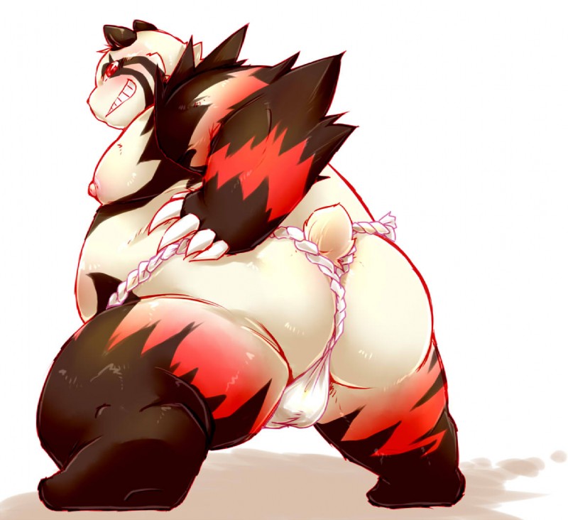 anthro asian_clothing big_butt blush bulge butt clothed clothing east_asian_clothing fundoshi japanese_clothing male overweight overweight_anthro overweight_male presenting smile smirk solo topless underwear chiro_(artist) fanfan bear giant_panda mammal