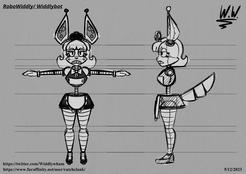 antennae_(anatomy) apron clothing machine maid_uniform solo text toony uniform widdlywham widdly robot black_and_white hi_res monochrome url