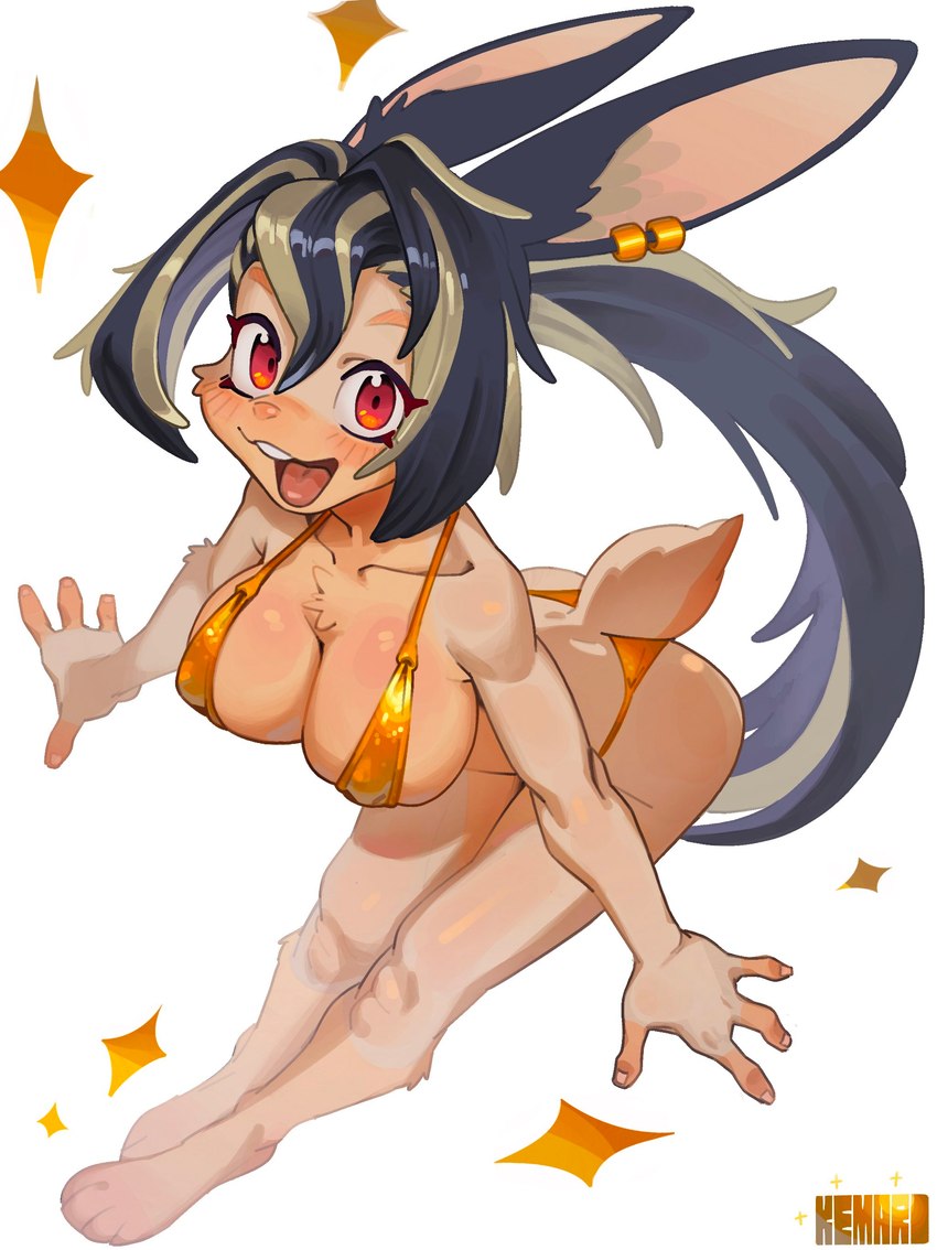 anthro bent_over_with_legs_held_straight big_breasts bikini biped blue_hair breasts chest_tuft clothing ear_piercing female hair highlights_(coloring) kemono leaning leaning_forward legs_together long_hair looking_at_viewer open_mouth open_smile orange_body piercing pink_nose ponytail red_eyes smile solo swimwear tuft two-piece_swimsuit white_highlights kemari golden_week acerola_(kemari) lagomorph leporid mammal rabbit absurd_res digital_media_(artwork) hi_res