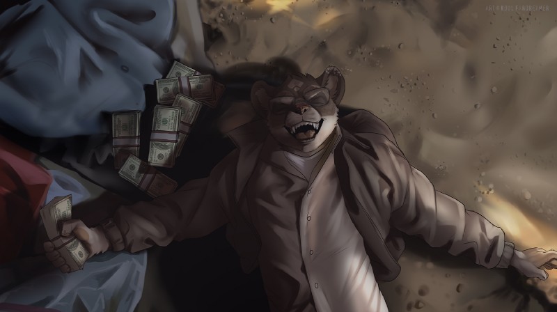 5_fingers anthro claws clothed clothing detailed_background eyes_closed fangs fingers lying male money on_back open_mouth smile solo teeth tongue koul fek_(character) felid homotherium mammal prehistoric_species saber-toothed_tiger 2017 digital_media_(artwork)