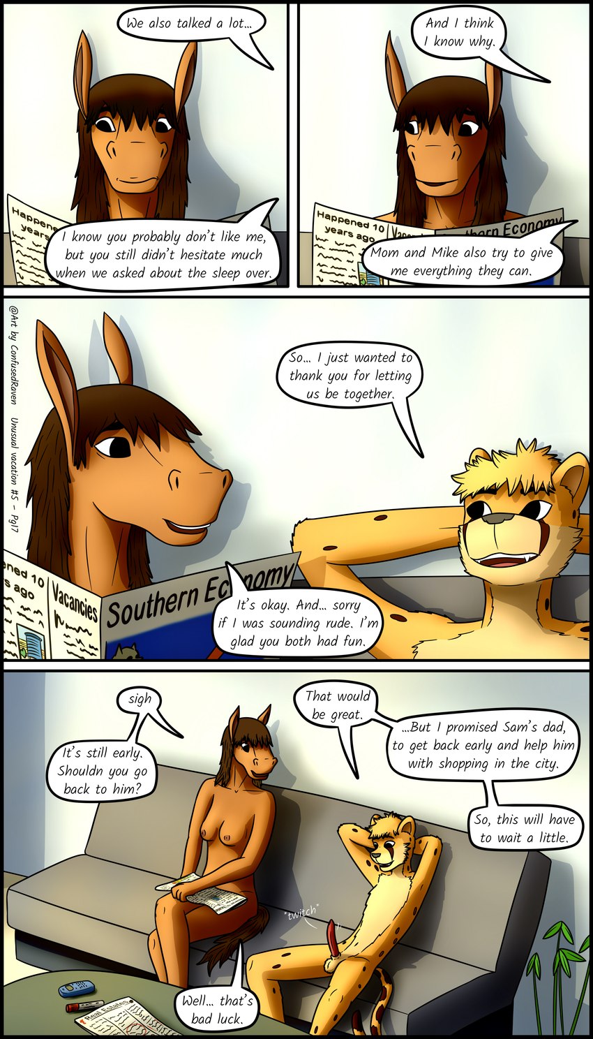 adolescent anthro breasts casual_erection casual_nudity dialogue duo erection female genitals male nude nudist social_nudity text young confusedraven jay_(confusedraven) cheetah equid equine felid feline horse mammal 4:7 absurd_res comic english_text hi_res