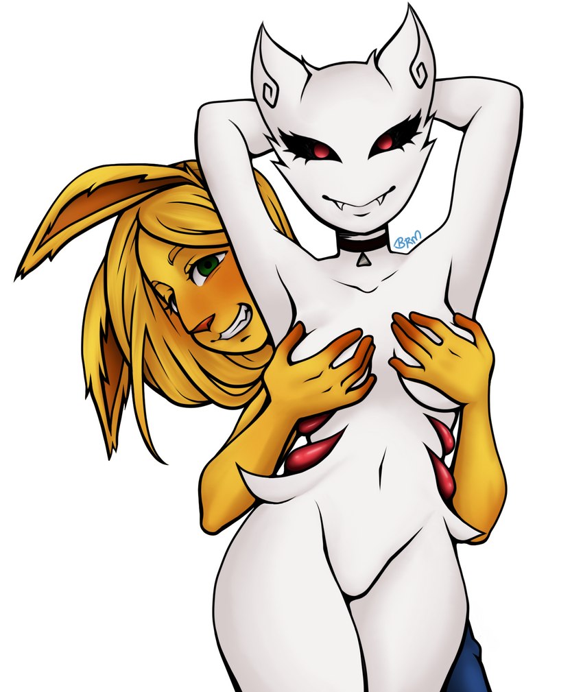 anthro black_eyes blonde_hair blush breast_fondling breast_grab breast_play breasts covering covering_breasts duo female fondling fur green_eyes hair hand_on_breast hand_on_head hands_behind_head jewelry looking_at_viewer male male/female necklace nude sharp_teeth smile teeth white_body yellow_body yellow_fur bianca_scamander luankct pastalitic alien lagomorph leporid mammal rabbit 2023 colored digital_drawing_(artwork) digital_media_(artwork) hi_res shaded signature