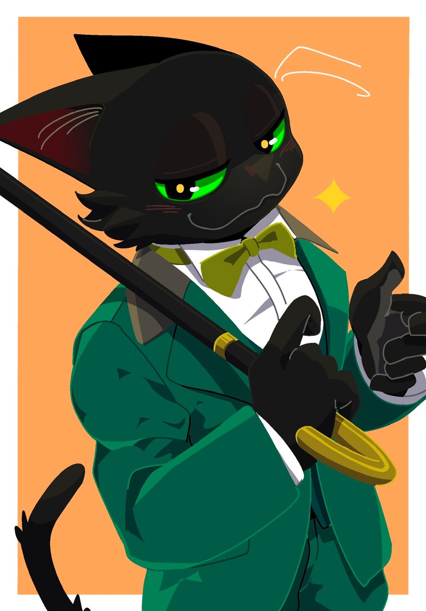 5_fingers anthro black_body black_fur blush cheek_tuft clothing facial_tuft fingers fur green_eyes looking_at_viewer male necktie solo suit tuft vetiver_n cartoon_network mao_mao:_heroes_of_pure_heart sheriff_mao_mao_mao domestic_cat felid feline felis mammal 2020 hi_res