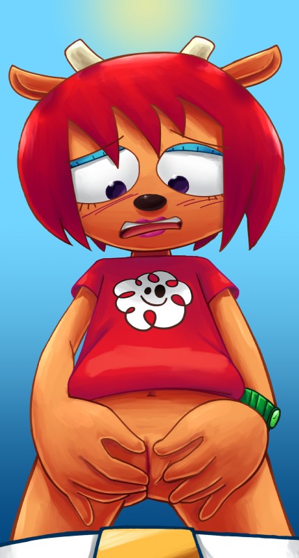 anthro blush bottomless clothed clothing female flat_chested fur genitals hair horn orange_body orange_fur pussy red_hair simple_background solo topwear ninoeros sr third-party_edit parappa_the_rapper sony_corporation sony_interactive_entertainment um_jammer_lammy lammy_lamb bovid caprine mammal sheep 2019 artist_collaboration color_edit colored digital_media_(artwork) hi_res