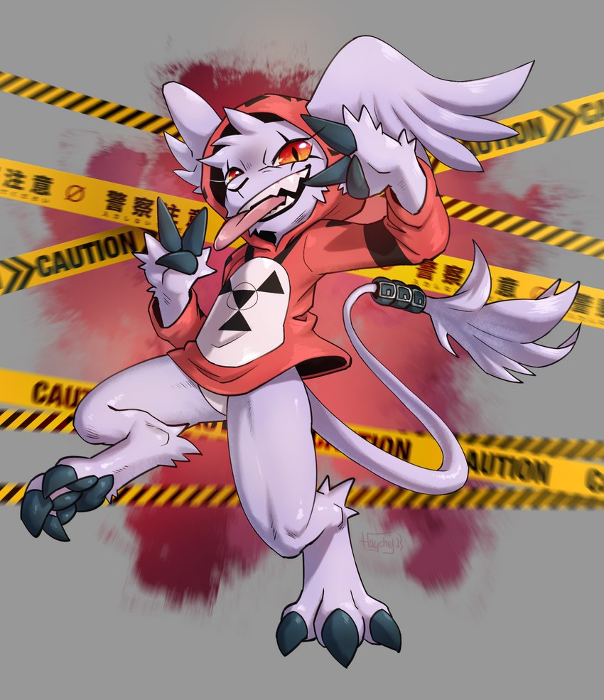 ambiguous_gender anthro biped bottomless claw_fingers claws clothed clothing featureless_crotch fur gesture hand_gesture hoodie pawpads pupils slit_pupils smile solo tail tail_tuft tongue tongue_out topwear tuft v_sign haychel bandai_namco digimon digimon_(species) gazimon 2023 absurd_res hi_res