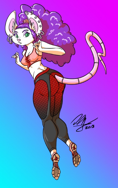 anthro breasts butt butt_pose clothed clothing ear_piercing eyebrow_piercing facial_piercing female garter_belt_leggings green_eyes hair looking_at_viewer nose_piercing piercing pose purple_hair solo baikobits jammy_dodger mammal mouse murid murine rodent 2018 hi_res