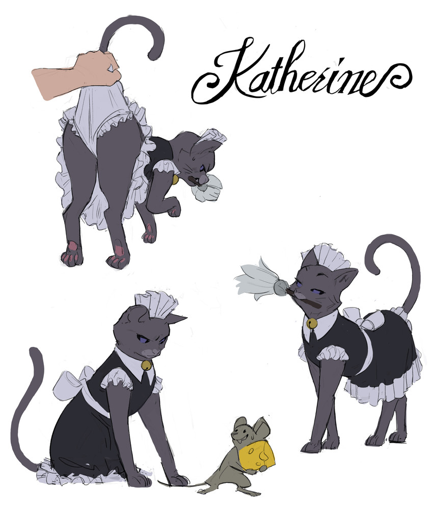 4_toes ambiguous_feral ambiguous_gender ambiguous_human annoyed bell black_clothing black_dress black_sclera black_whiskers blue_eyes bodily_fluids butt carrying_another cheek_tuft cheese cleaning_tool clothed clothed_female clothed_feral clothing dairy_products digitigrade disembodied_hand dress duo eyelashes faceless_ambiguous faceless_character faceless_human facial_tuft feather_duster feather_duster_in_mouth feet female female_feral female_focus feral feral_focus food frilly frilly_clothing frilly_panties frilly_underwear fur grey_body grey_ears grey_fur grey_tail hanging_wedgie holding_cheese jingle_bell looking_down looking_down_at_another maid_headdress maid_uniform multicolored_clothing multicolored_dress nervous nervous_sweat panties pawpads paws pink_pawpads pointy_ears prick_ears quadruped short_sleeves sitting solo solo_focus standing sweat tail toes tuft two_tone_clothing two_tone_dress underwear uniform wedgie whiskers white_clothing white_dress white_panties white_underwear amugea katherine_(amugea) domestic_cat felid feline felis human mammal mouse murid murine rodent absurd_res hi_res multiple_images