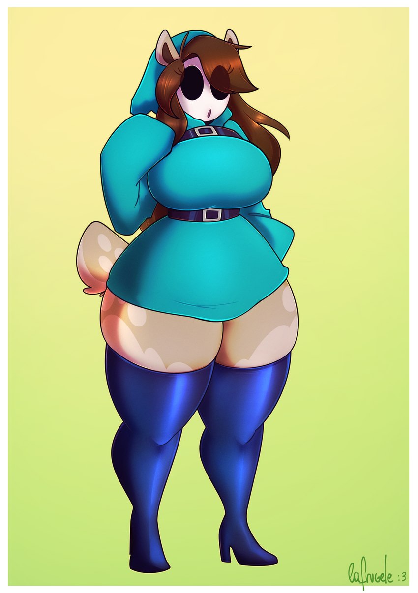 belt big_breasts border breasts brown_hair clothing female footwear hair high_heels legwear open_mouth shoes simple_background solo standing tan_body thigh_highs white_border yellow_background la-frugele mario_bros nintendo deer mammal shyguy absurd_res hi_res