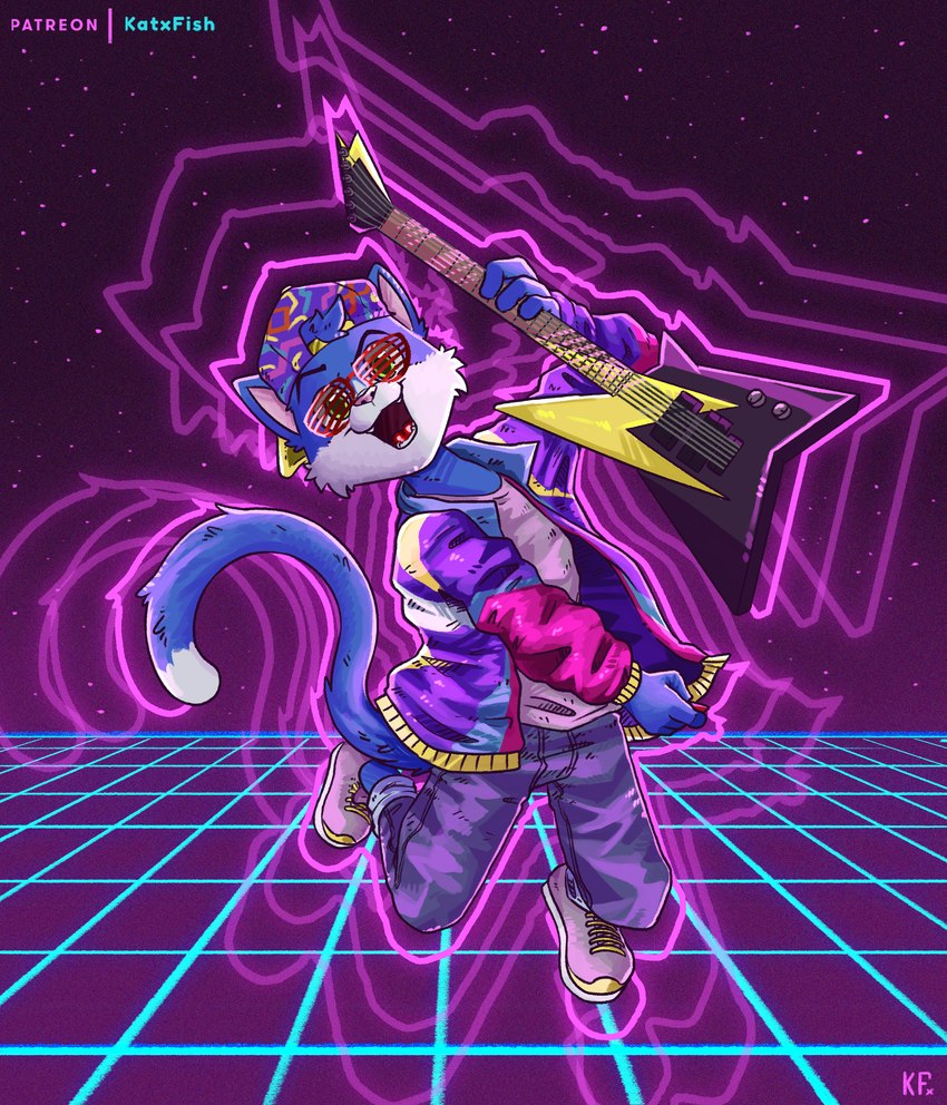 1990s_theme 90s_clothing anthro blue_body blue_fur clothing eyewear footwear fur glasses guitar happy hat headgear headwear jumping laser laser_background male music musical_instrument playing_guitar playing_music plucked_string_instrument purple_background shoes simple_background sneakers solo star string_instrument sunglasses synthwave tail katxfish aletails_saru domestic_cat felid feline felis mammal absurd_res hi_res