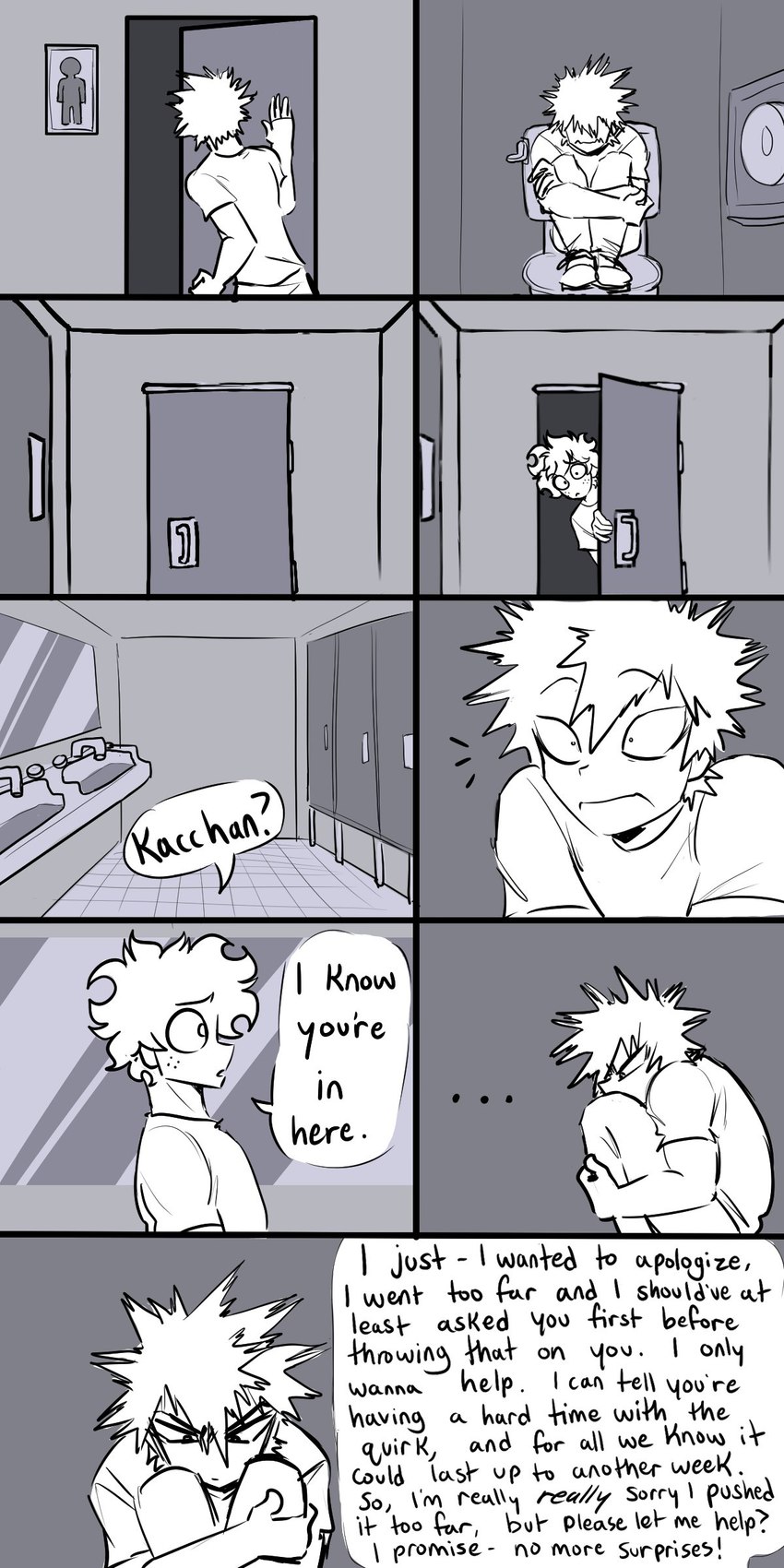 apology bathroom detailed_background dialogue duo ellipsis human_only male not_furry public_restroom restroom_stall sitting speech_bubble surprised_expression text pretty_werewolf my_hero_academia izuku_midoriya katsuki_bakugou human mammal 1:2 absurd_res comic english_text greyscale hi_res monochrome