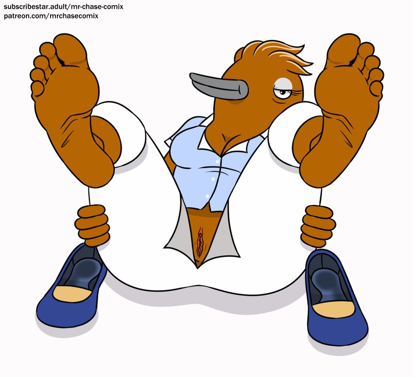 anthro barefoot beak breasts cleavage clothed clothing feet female foot_fetish foot_focus footwear genitals humanoid_feet plantigrade pussy shoes shoes_removed soles solo text toes mrchasecomix netflix tuca_and_bertie anna_songthrush avian bird hi_res url