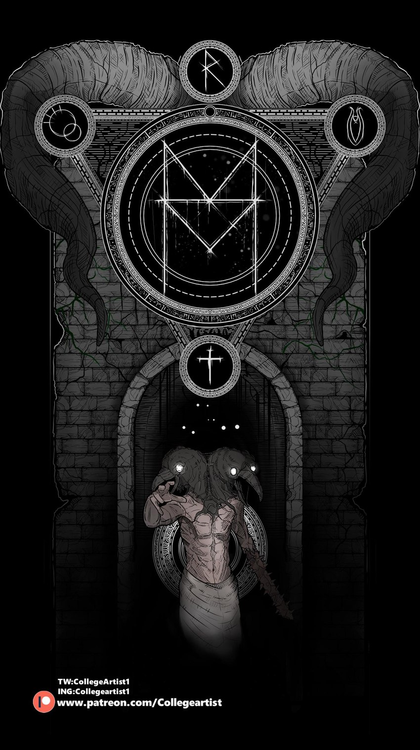 2_heads 2_horns 5_fingers alll-mer_sigil ambiguous_gender amputee apron apron_only beak black_background black_beak black_body black_feathers clothing cracked_wall cracks disability doorway eyes_in_darkness feathers fingers glowing glowing_eyes god_of_the_deeps_sigil god_of_the_fear_and_hunger_sigil gro-goroth's_sigil group horn looking_at_viewer male melee_weapon multi_head muscular muscular_humanoid muscular_male no_pupils occult_symbol offscreen_character open_mouth patreon_logo ruins runes shirtless shirtless_humanoid shirtless_male sigil simple_background standing sylvian_sigil symbol text weapon weapon_arm white_apron white_body white_clothing white_skin collegeartist1 fear_and_hunger patreon crow_mauler double_crow_mauler animal_humanoid avian avian_humanoid bird bird_humanoid corvid corvid_humanoid corvus_(genus) corvus_humanoid crow crow_humanoid humanoid hybrid monster oscine passerine 2024 absurd_res colored hi_res url