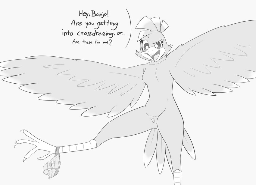 anthro clothing female genitals inquisitive o_0 panties pussy solo text underwear wings sspore banjo-kazooie rareware kazooie avian bird breegull english_text hi_res monochrome