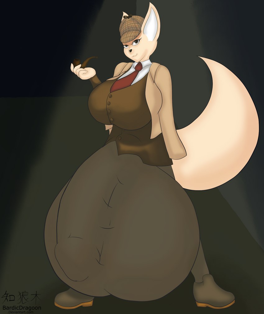 anthro balls_outline big_breasts big_bulge big_ears breasts bulge clothed clothing detailed_bulge detective footwear fully_clothed genital_outline gynomorph huge_bulge hyper hyper_bulge intersex jacket legwear necktie penis_outline pipe shoes solo suit topwear vest bardicdragoon aggretsuko sanrio detective_fenneko fenneko canid canine fennec_fox fox mammal true_fox hi_res