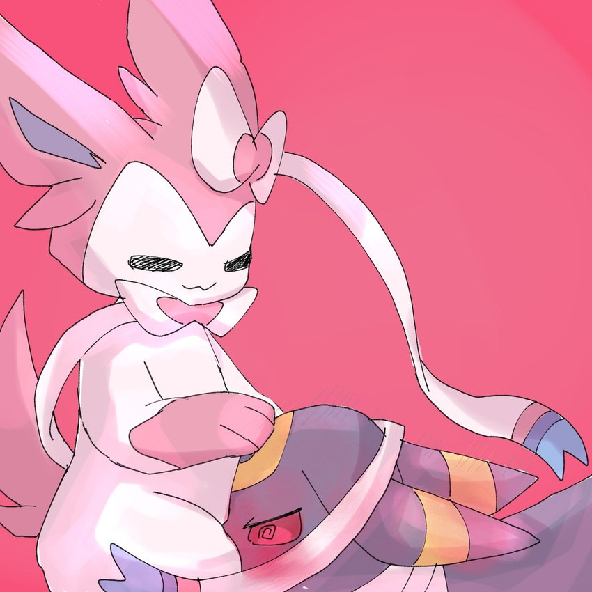 ambiguous/ambiguous ambiguous_gender anthro blush duo face_in_crotch feral feral_on_feral male pink_background simple_background hasuki_taityo nintendo pokemon eeveelution generation_2_pokemon generation_6_pokemon pokemon_(species) sylveon umbreon 1:1 hi_res