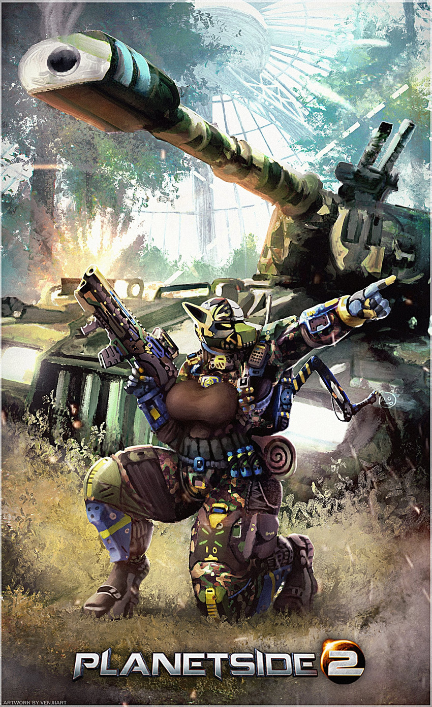 5_fingers anthro armor assault_rifle backpack big_breasts bottomwear breasts camo camo_bottomwear camo_clothing camo_pants camo_print clothed clothing crouching explosion female fingers gesture gun hand_gesture headgear helmet holding_gun holding_object holding_ranged_weapon holding_weapon machine outside pants pattern_bottomwear pattern_clothing pattern_pants plant pointing ranged_weapon rifle solo tank text thick_thighs tight_clothing topwear tree vehicle walkie-talkie weapon venjiiart new_conglomerate planetside_2 absurd_res digital_media_(artwork) english_text hi_res