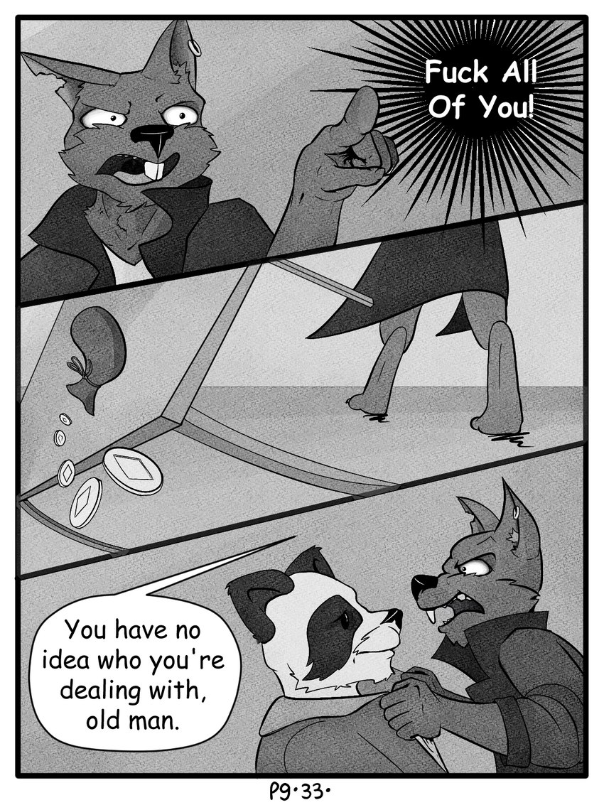 angry anthro clothed clothing coat dialogue ear_piercing fur male piercing profanity simple_background text topwear young young_anthro wintersink bear giant_panda mammal murid murine rat rodent 3:4 comic digital_media_(artwork) english_text hi_res monochrome