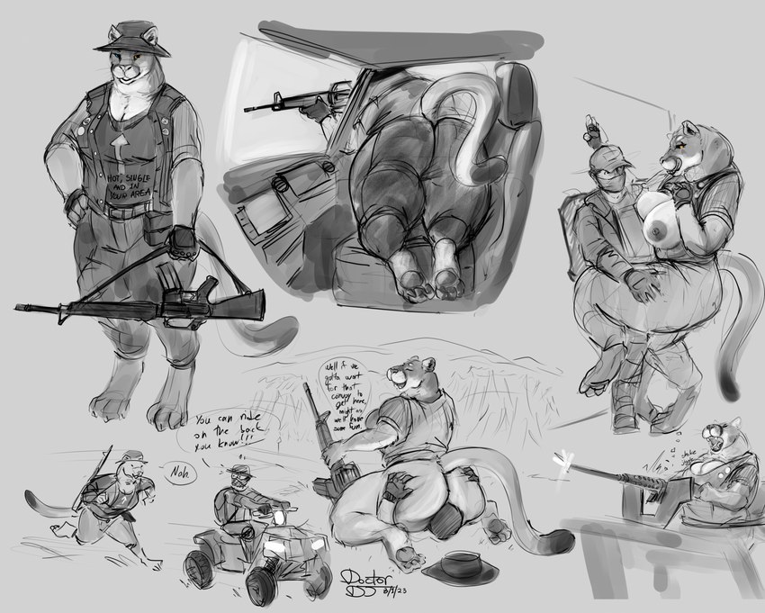 anthro anthrofied areola big_breasts big_butt biped breasts bucket_hat butt digitigrade duo facesitting female gun hand_on_butt holding_gun holding_object holding_ranged_weapon holding_rifle holding_weapon human_on_anthro interspecies larger_anthro larger_female male male/female nipples ranged_weapon rifle sitting_on_another size_difference smaller_human smaller_male standing text weapon doctordj far_cry far_cry_5 ubisoft peaches_(far_cry_5) cougar felid feline human mammal 2023 digital_media_(artwork) english_text hi_res