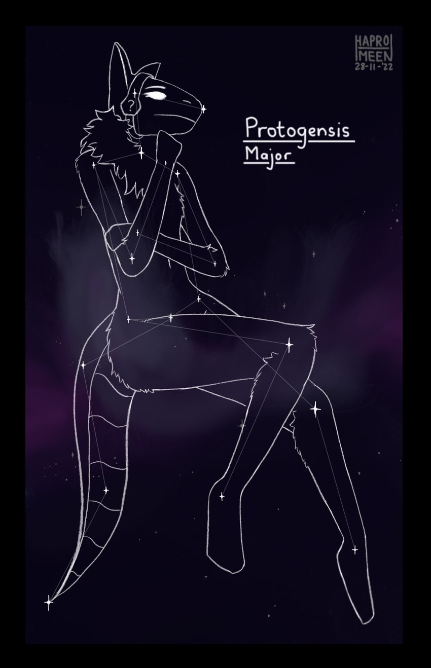 anthro black_border border breasts constellation featureless_breasts female floating fluffy logo machine nude protogen_visor sky small_breasts solo space star text thinking thoughtful_expression translucent translucent_body hapromeen protogen artist_logo artist_name dated english_text full-length_portrait hi_res portrait