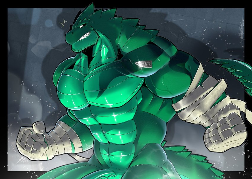 abs anthro biceps casual_nudity fist genitals green_body green_scales humanoid_genitalia humanoid_hands humanoid_penis male manly muscular muscular_anthro muscular_male navel non-mammal_navel nude pecs penis scales solo tail teeth aliensymbol paul_webster alligator alligatorid crocodilian reptile scalie