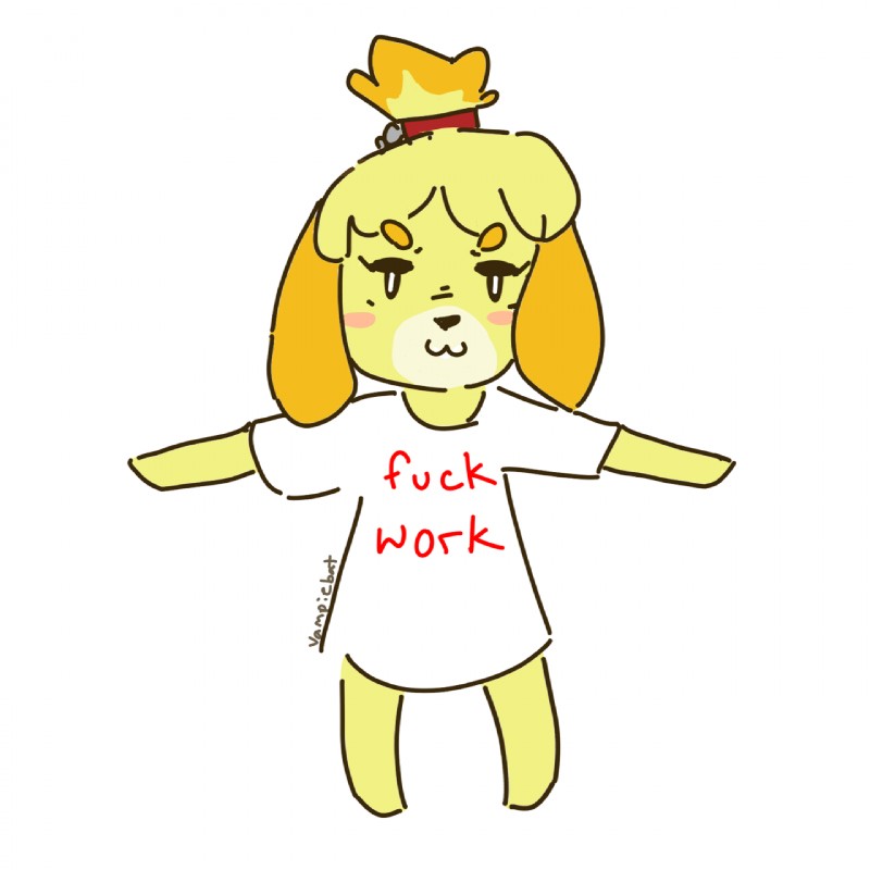 :3 anthro clothing female fur long_shirt looking_at_viewer profanity shirt simple_background solo standing t-pose t-shirt text text_on_clothing text_on_shirt text_on_topwear topwear white_background yellow_body yellow_fur vampiebat animal_crossing nintendo isabelle_(animal_crossing) canid canine canis domestic_dog mammal shih_tzu toy_dog 1:1 2018 english_text hi_res