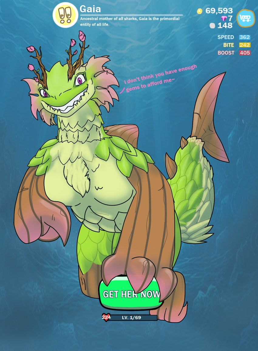 anthro breasts claws featureless_breasts female gaia_(hungry_shark) looking_at_viewer mobile_game non-mammal_breasts shark_tail sharp_teeth simple_background smile solo tail teeth text water moebinuslizard hungry_shark ubisoft fish marine monster prehistoric_species scalie shark 2024 colored digital_drawing_(artwork) digital_media_(artwork) english_text hi_res portrait shaded simple_shading