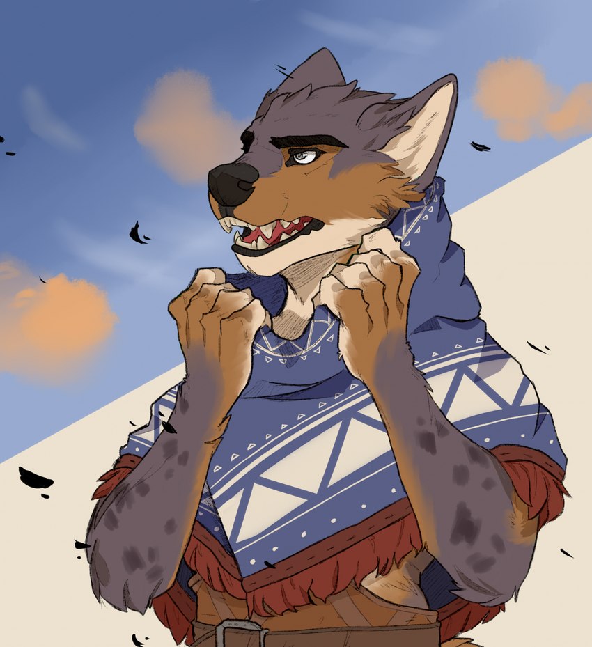 anthro brown_body brown_fur clothed clothing fur grey_body grey_fur male mantle markings open_mouth outside sky solo spots spotted_body spotted_fur teeth topwear tuft wind hyenamancer gnoll hyena mammal spotted_hyena digital_media_(artwork) half-length_portrait hi_res portrait