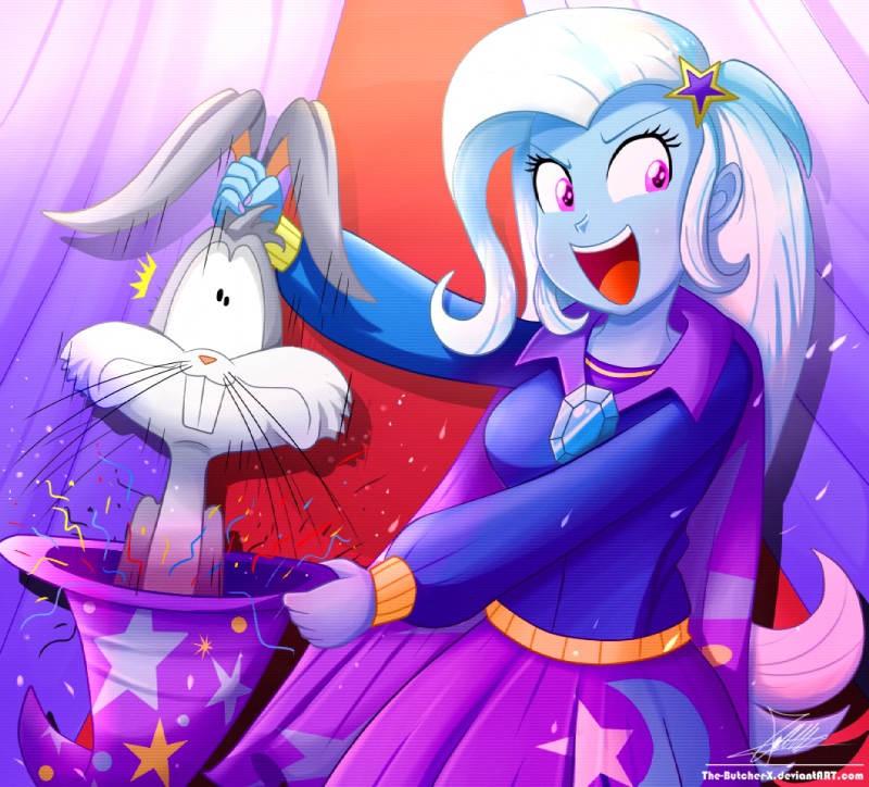 cape clothing duo female hat headgear headwear male text wizard_hat the-butcher-x equestria_girls hasbro looney_tunes my_little_pony warner_brothers bugs_bunny trixie_(eg) human lagomorph leporid mammal rabbit 2018 url