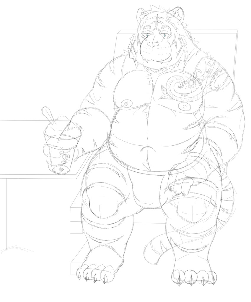 anthro belly bulge chest_tattoo clothing jockstrap kemono male moobs musclegut muscular navel nipples sitting slightly_chubby solo tattoo tribal tribal_tattoo underwear harushipanda felid mammal pantherine tiger 2020 5:6 hi_res sketch