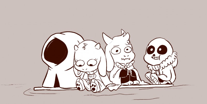 alternate_universe anthro bone chibi female group horn male sitting skeleton smile water mudkipful littletale undertale undertale_(series) asgore_dreemurr river_person_(undertale) sans_(undertale) toriel animated_skeleton boss_monster_(undertale) bovid caprine mammal undead 2015 hi_res monochrome