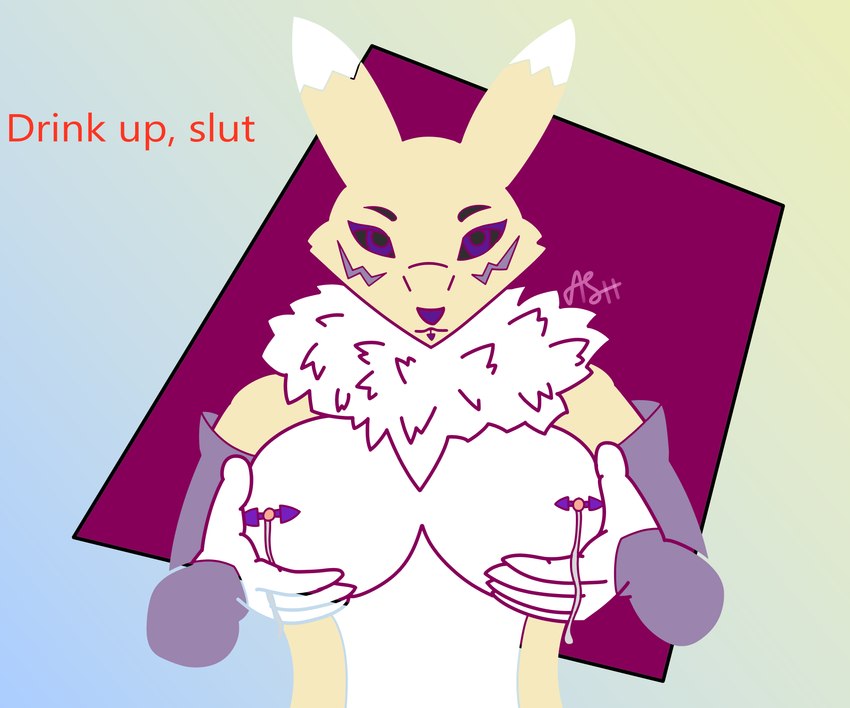 anthro barbell_piercing bodily_fluids breasts facial_piercing female fur labret_piercing lactating lip_piercing nipple_barbell nipple_piercing nipples piercing presenting solo white_body white_fur yellow_body yellow_fur ash_the_skunk bandai_namco digimon canid canine digimon_(species) mammal renamon 6:5 absurd_res hi_res