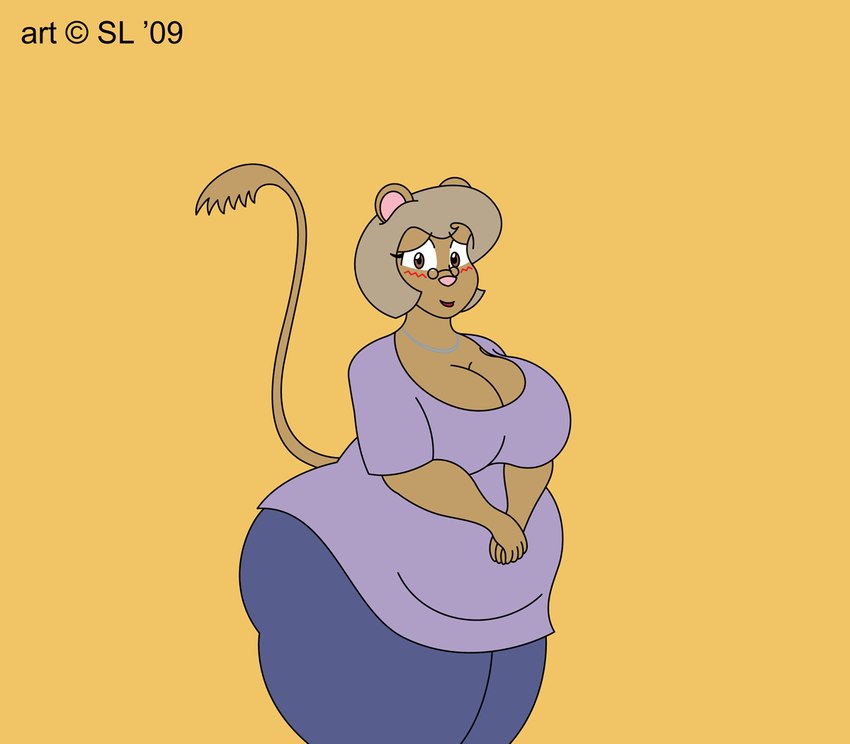 anthro belly big_breasts blush bottomwear breasts butt clothing copyright_symbol eyewear female glasses jewelry mature_female necklace overweight overweight_anthro overweight_female pants shirt solo symbol thick_thighs topwear satsumalord miranda_(satsumalord) gerbil mammal murid rodent 2009