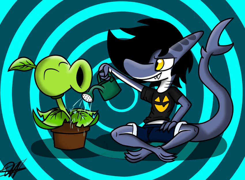 abstract_background anthro black_clothing black_shirt black_topwear claws clothing duo male plant plant_pot shirt spiral_background topwear water watering_can phalanx_b_deer electronic_arts plants_vs._zombies popcap_games shark_night elemental_creature fish flora_fauna humanoid marine peashooter_(pvz) requiem_shark shark tiger_shark