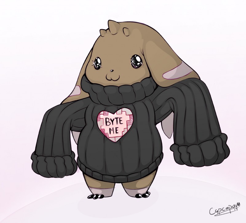 3_toes :3 anthro brown_body brown_fur clothed clothing feet female fur heart_clothing heart_print heart_sweater heart_symbol heart_topwear mouth_closed oversized_clothing oversized_sleeves oversized_sweater oversized_topwear owo print_clothing print_sweater print_topwear simple_background sleeves_past_wrists solo sparkles sparkling_eyes standing straight_legs sweater text text_in_heart text_on_clothing text_on_sweater text_on_topwear text_print toes topwear white_background cocampplus bandai_namco digimon digimon_(species) lagomorph lopmon mammal hi_res