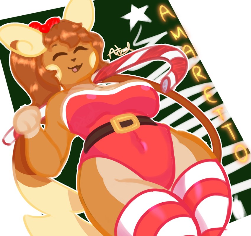 anthro belt belt_buckle big_tail blonde_hair bodysuit bow_ribbon breasts brown_body brown_fur brown_hair buckle candy candy_cane christmas_clothing clothing curvy_female curvy_figure dessert eyes_closed female food fur hair happy headgear holding_object holding_weapon holidays legwear leotard navel open_mouth paws perspective red_clothing simple_background skinsuit solo tail text thick_thighs thigh_highs tight_clothing topwear weapon wide_hips yellow_ears artxol christmas nintendo pokemon amaretto_(artxol) alolan_form alolan_raichu generation_1_pokemon generation_7_pokemon pokemon_(species) raichu regional_form_(pokemon) absurd_res hi_res