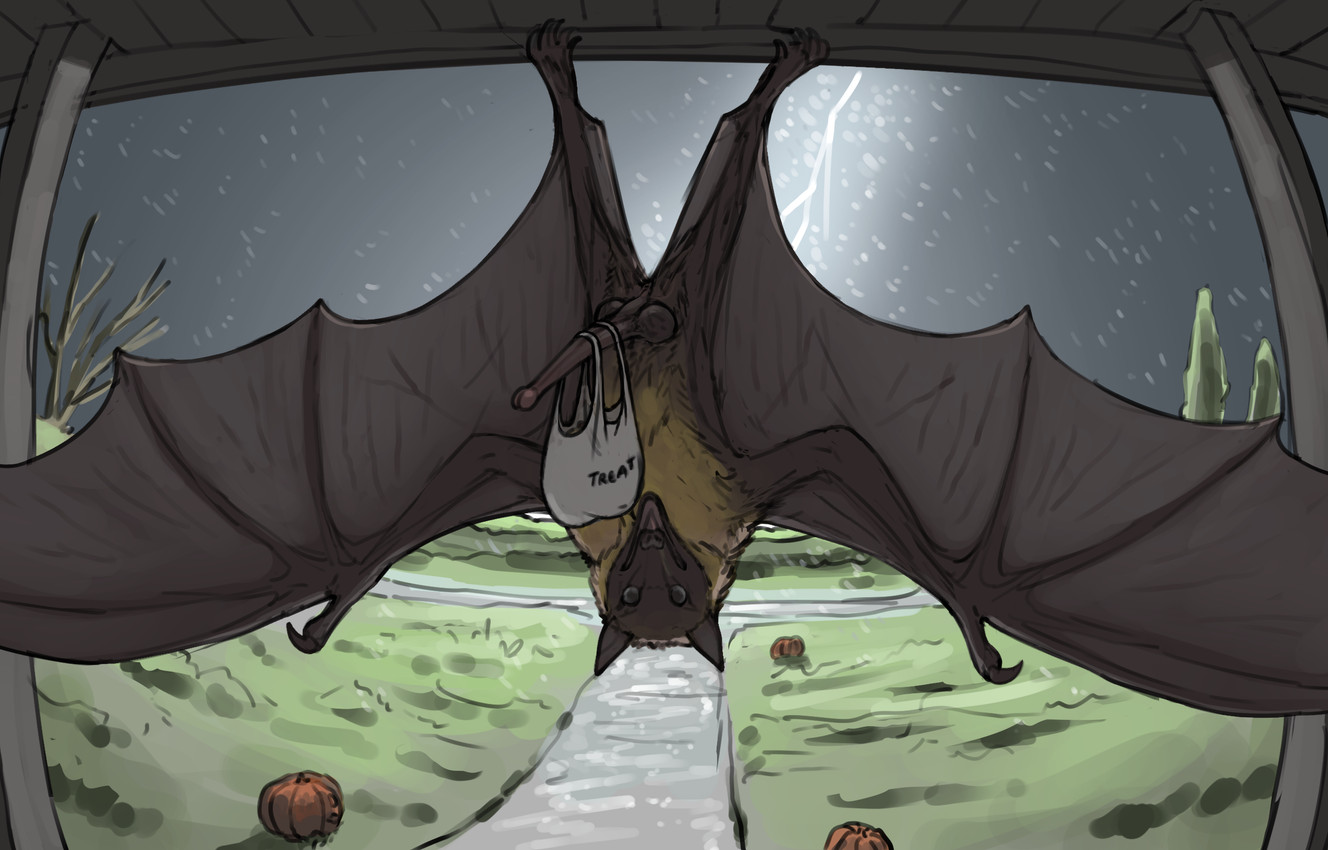 anatomically_correct anatomically_correct_genitalia anatomically_correct_penis animal_genitalia animal_penis anus bag brown_body chiropteran_penis claws cloud electricity entry_way erection feral food fruit genitals grass holding_with_penis holidays jack-o'-lantern lightning long_penis looking_at_viewer male membrane_(anatomy) membranous_wings open_mouth overcast penis plant pumpkin raining sky solo spread_wings tree trick-or-treating upside_down wings yellow_chest_tuft zw3 halloween bat flying_fox mammal megabat hi_res