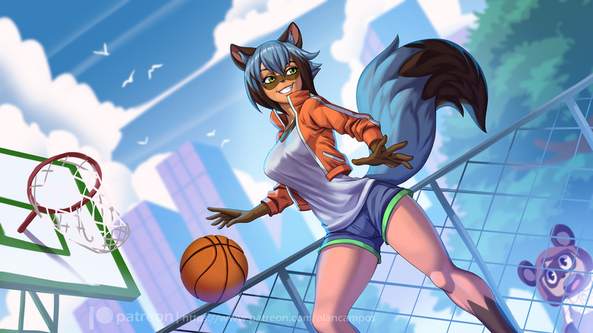 anthro athletic_wear ball basketball_(ball) basketball_hoop black_hair black_nose blue_body blue_fur blue_hair bottomwear breasts brown_body brown_fur clothed clothing duo facial_markings female fence fur gym_bottomwear gym_shorts hair head_markings jacket looking_aside markings mask_(marking) multicolored_hair shorts smile solo_focus topwear alanscampos brand_new_animal studio_trigger jackie_(brand_new_animal) michiru_kagemori canid canine mammal raccoon_dog tanuki 2021 digital_media_(artwork) hi_res