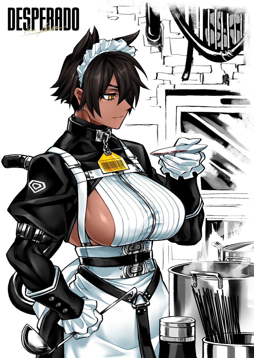 barcode belt big_breasts breasts brown_body brown_hair brown_skin clothed clothing collar cooking cooking_pot dark_body dark_skin dish ear_piercing ear_ring eye_patch eyewear female hair hair_over_eye holding_object maid_headdress maid_uniform one_eye_obstructed piercing plate pupils ring_piercing short_hair side_boob slit_pupils solo text uniform yellow_eyes yotaro_(noirm08) mao_(yotaro) animal_humanoid cat_humanoid felid felid_humanoid feline feline_humanoid humanoid mammal mammal_humanoid absurd_res english_text hi_res signature