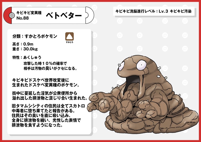 ambiguous_gender border brown_body cursed feces grotesque larva pokedex_entry pokedex_number red_border simple_background solo text tongue tongue_out white_background nikunigushii nintendo pokemon arthropod feces_creature generation_1_pokemon goo_creature grimer insect maggot pokemon_(species) absurd_res hi_res japanese_text