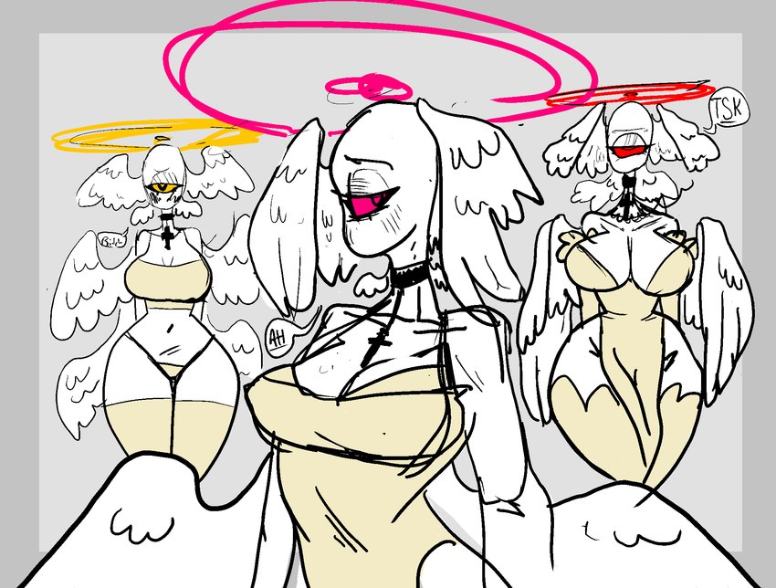 1_eye anthro big_breasts blush breasts clothed clothing cross dialogue female fur group halo multi_wing partially_clothed pink_eyes red_eyes speech_bubble white_body white_fur wings yellow_eyes thatpaddles horniel_(thouartphi) angel biblically_accurate_angel seraph_(angel) hi_res