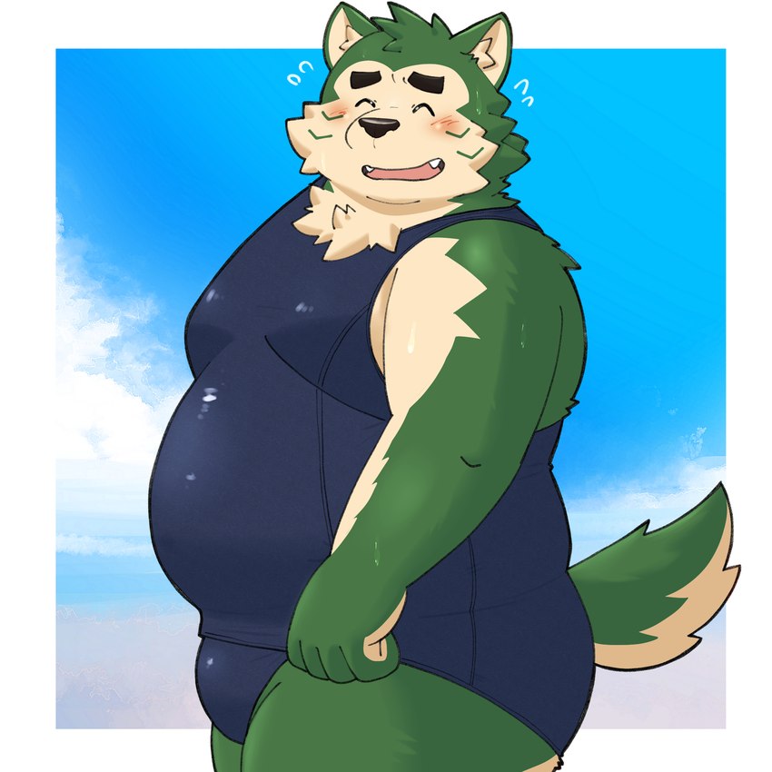 anthro belly blush bulge butt clothing eyebrows fur green_body green_fur male overweight school_swimsuit solo swimwear thick_eyebrows yaki_atsuage lifewonders live_a_hero mokdai canid canine canis domestic_dog mammal 1:1 hi_res