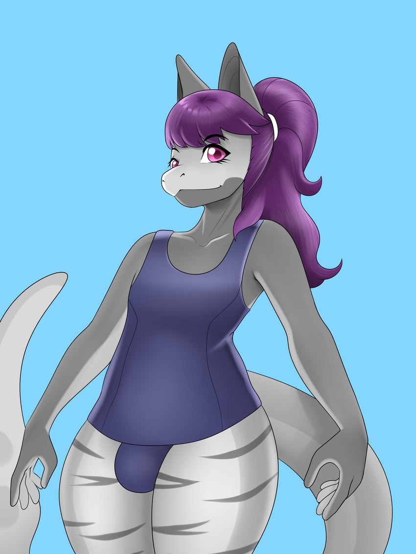 anthro asian_clothing bulge clothed clothing east_asian_clothing femboy hair japanese_clothing looking_at_viewer magenta_hair male one-piece_swimsuit pink_eyes purple_hair school_swimsuit simple_background smile solo stripes swimwear tail scorchingnova vinyl_bakon fish marine requiem_shark shark tiger_shark 3:4 absurd_res digital_media_(artwork) hi_res