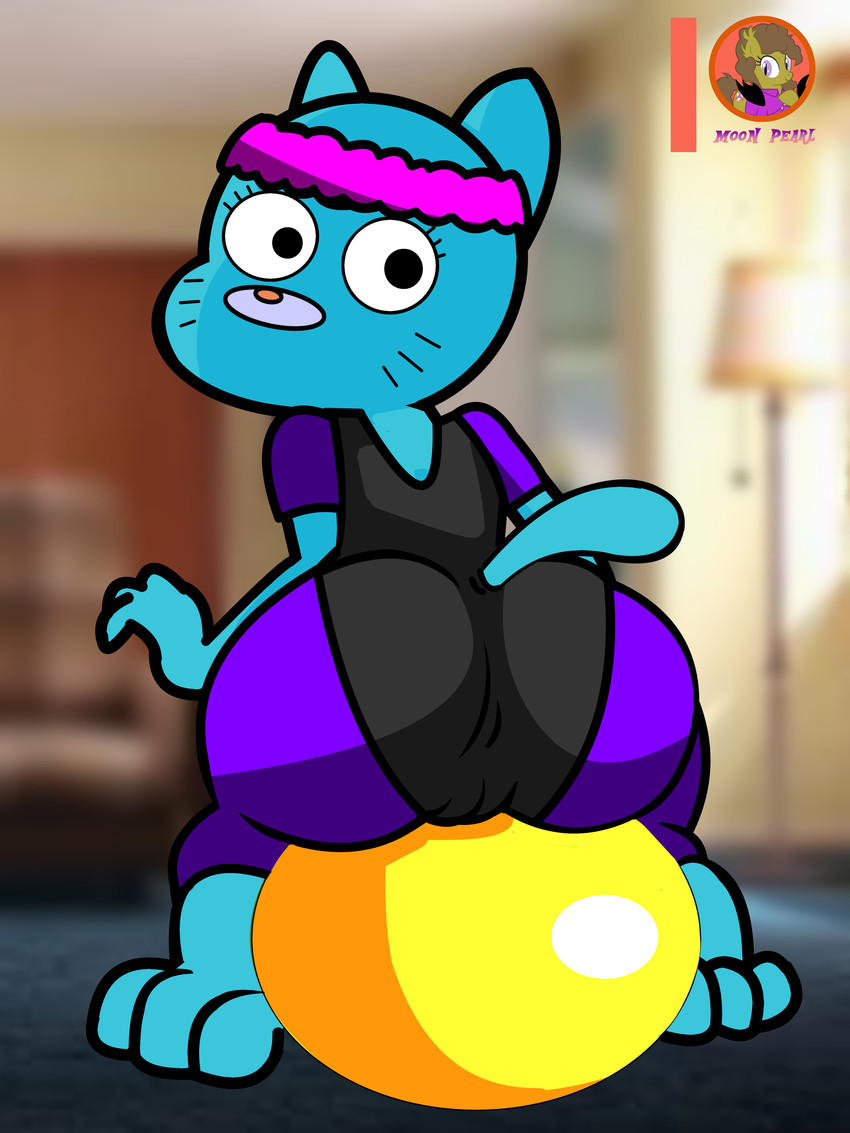 anthro ball blue_body blue_fur bottomwear camel_toe clothing exercise_ball female fur looking_back mature_anthro mature_female pants sitting sitting_on_ball solo sweatband yoga_pants moon_pearl succubi_samus cartoon_network the_amazing_world_of_gumball nicole_watterson domestic_cat felid feline felis mammal absurd_res hi_res