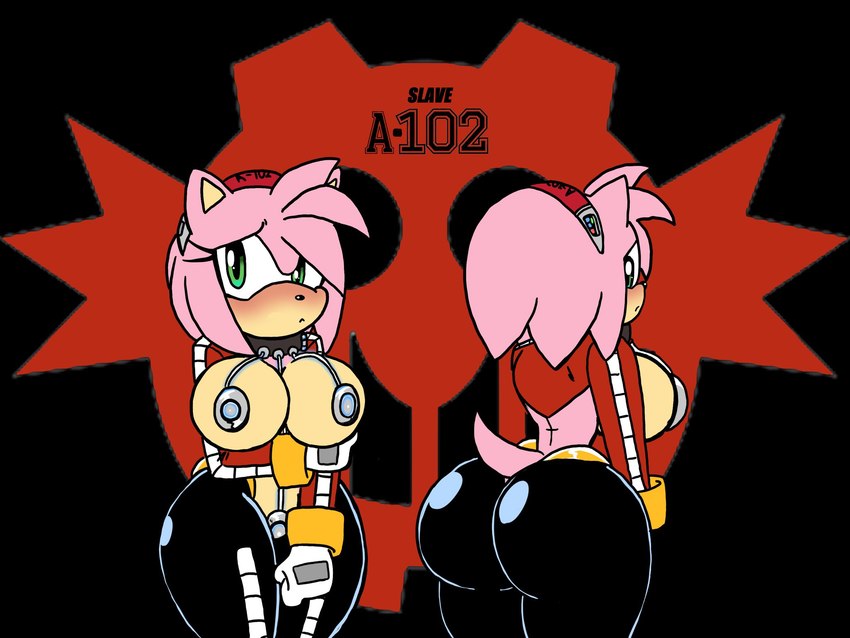 accessory anthro big_breasts big_butt blush bottomwear breasts butt clothing collar female fur gloves green_eyes hair_accessory hairband handwear latex latex_clothing latex_skinsuit pink_body pink_fur rubber_clothing shy skinsuit solo tight_bottomwear tight_clothing roga141 eggman_empire eggman_logo sega sonic_the_hedgehog_(series) amy_rose eulipotyphlan hedgehog mammal 4:3 hi_res