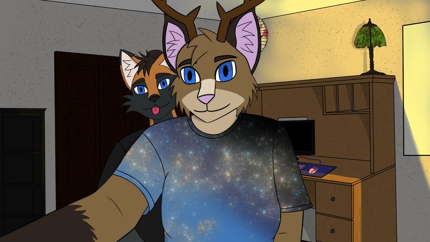 anthro antlers clothed clothing duo female fur hair horn looking_at_viewer male manbun selfie smile tongue canid canine deer domestic_cat felid feline felis fox hybrid mammal 16:9 4k absurd_res digital_media_(artwork) hi_res widescreen