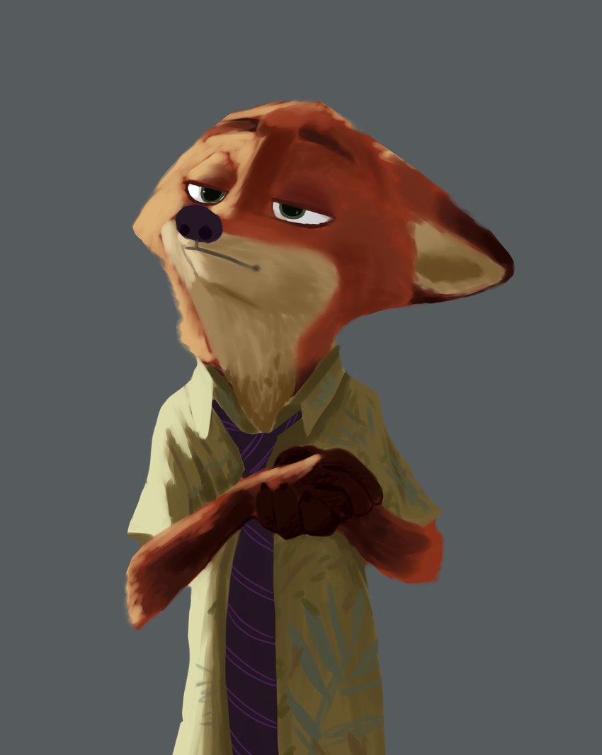 :i anthro clothing ears_back eyebrows fur green_clothing grey_background hands_together male necktie pivoted_ears raised_eyebrow red_body red_fur simple_background solo famished_(artist) disney zootopia nick_wilde canid canine fox mammal red_fox true_fox hi_res