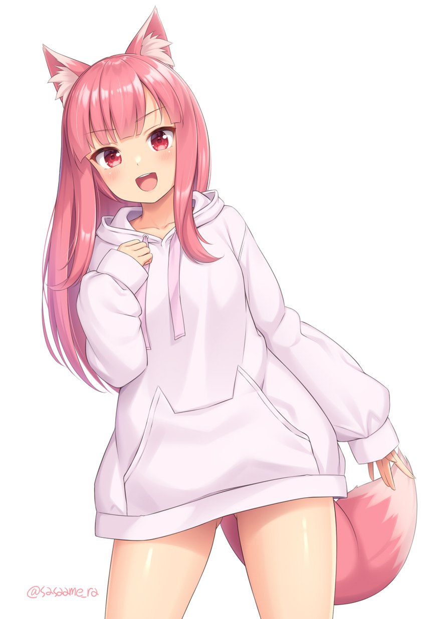 clothed clothing female hair hoodie pink_hair red_eyes simple_background solo topwear white_background sand-rain animal_humanoid canid canid_humanoid canine canine_humanoid fox_humanoid humanoid mammal mammal_humanoid 2021 hi_res